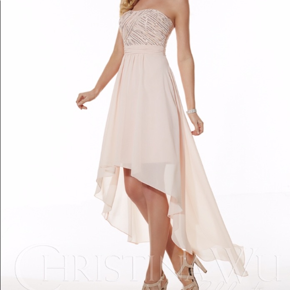 Strapless blush pink high-low formal dress